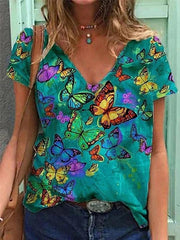 Butterfly Printed V-neck Short-sleeved T-shirt