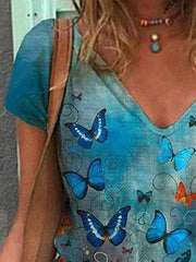 Butterfly Printed V-neck Short-sleeved T-shirt