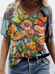 Butterfly Printed V-neck T-shirt