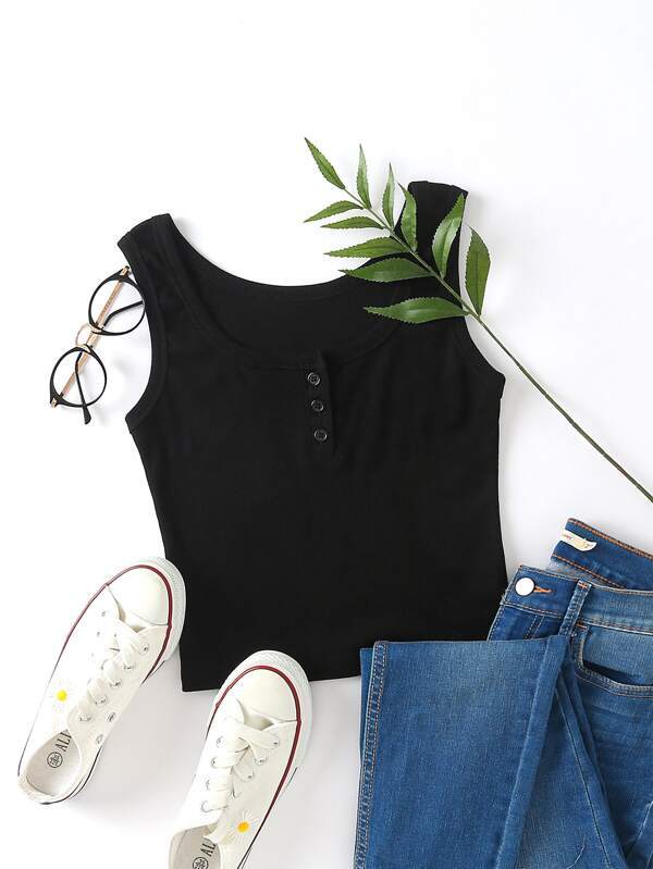 Button Detail Scoop Neck Tank Top for Women