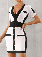 Button Detail Two Tone Bodycon Dress