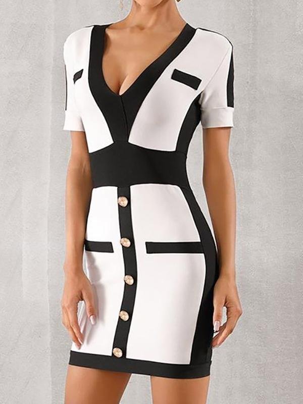 Button Detail Two Tone Bodycon Dress