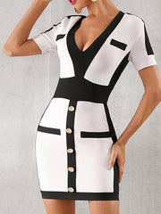 Button Detail Two Tone Bodycon Dress for Women