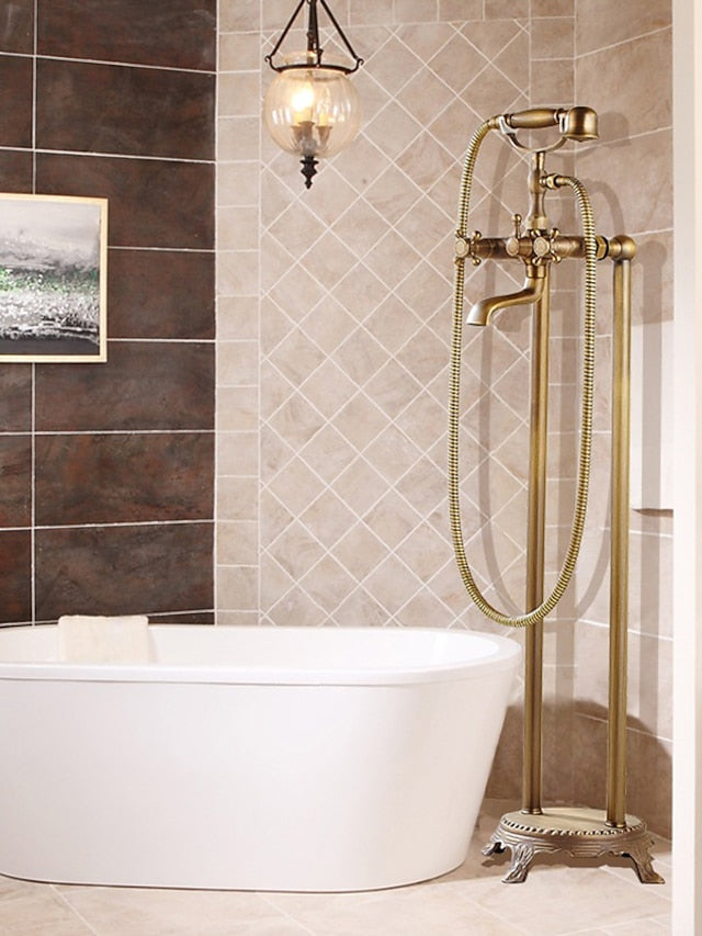 Bathtub Faucet Floor Mounted, Brass Retro Style Telephone Shape Brass Electroplated Finish Two Handles Two Holes Shower Faucet with Handshower and Drain