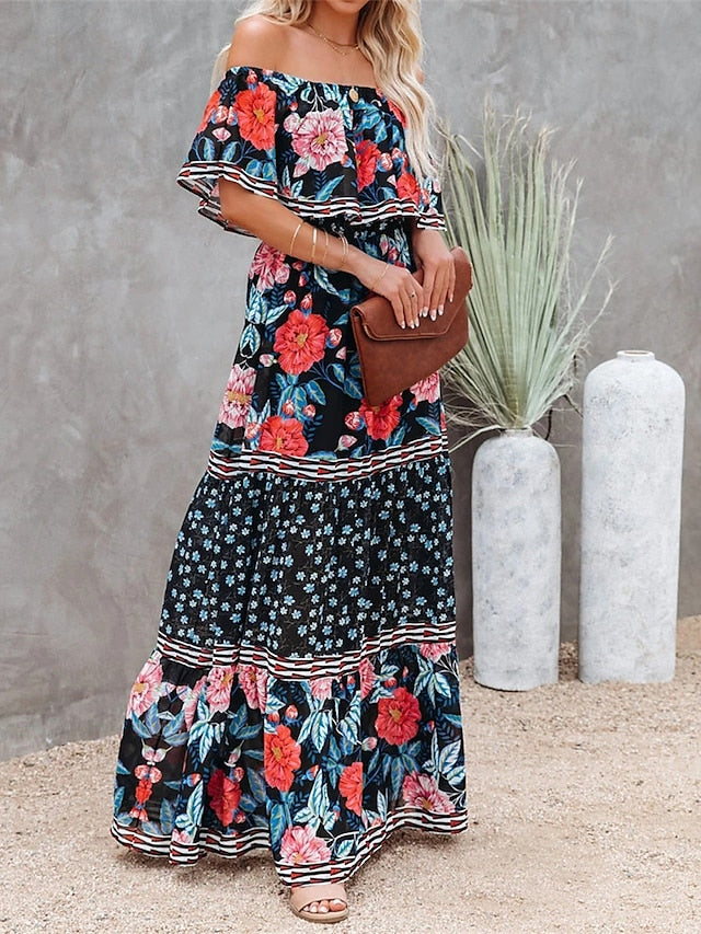 Boho Dress Beach Dress Beach Wear Long Dress Maxi Dress Ruffle Print Boho Casual Floral Off Shoulder Short Sleeve Loose Fit Outdoor Daily Black White  Spring Summer S M L XL for Women