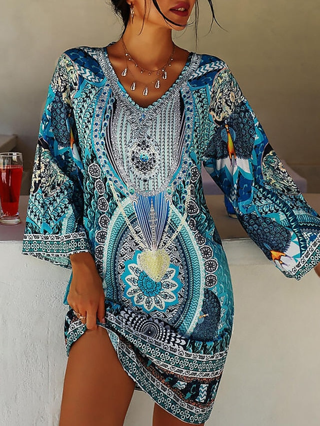 Boho Dress Mini Dress Blue 3/4 Length Sleeve Print Print Summer Spring V Neck Casual  S M L XL XXL for Women