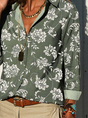 Green Floral Printed Long Sleeve Casual Shirt Collar Shirts & Tops