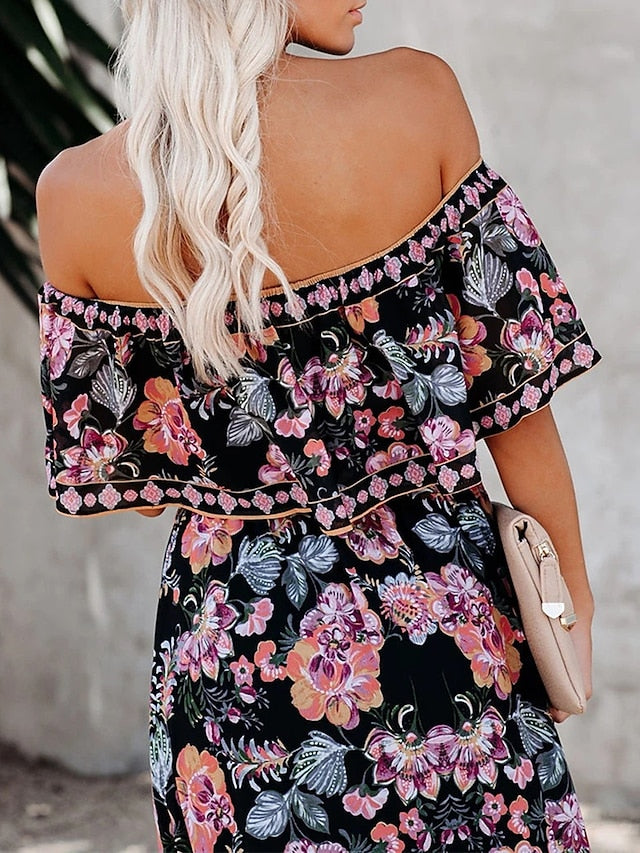 Boho Dress Beach Dress Beach Wear Long Dress Maxi Dress Ruffle Print Boho Casual Floral Off Shoulder Short Sleeve Loose Fit Outdoor Daily Black White  Spring Summer S M L XL for Women