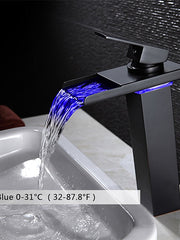 Bathroom Vessel Faucet Tall LED Waterfall Spout 3 Color Changes with Temperature, Sink Mixer Mono Basin Taps, Single Handle One Hole Brass Washroom Vessel Tap Deck Mounted