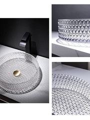 Bathroom Vessel Sink with Black Faucet, Modern Clear Tempered Glass Basin with Pop-Up Drain, Artistic Round Basin Bowl Set, Above Counter Vanity Sink