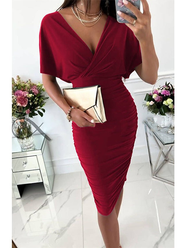 Bodycon Sheath Dress Wedding Guest Knee Length Dress Midi Dress Pink Wine Red Half Sleeve Pure Color Ruched Summer Spring V Neck Stylish Wedding Guest Loose Fit  S M L XL 2XL for Women