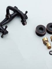 Bathroom Sink Mixer Faucet Wall Mount, Vintage 2 Handle 3 Holes Basin Taps with Cold Hot Water Hose, Washroom Mono Basin Vessel Taps Deck Mounted Oil-rubbed Bronze