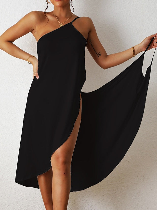 Beach Dress Resort Wear Beach Wear Midi Dress Backless Casual Plain Halter Sleeveless Loose Fit Outdoor Vacation Black White  Spring Summer S M L XL for Women