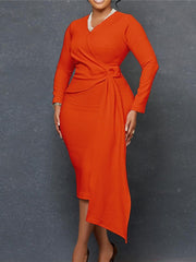Bodycon Sheath Dress Wrap Dress Knee Length Dress Yellow Orange Beige Long Sleeve Pure Color Ruched Winter Fall Autumn V Neck Fashion Winter Dress Fall Dress  S M L XL XXL 3XL for Women