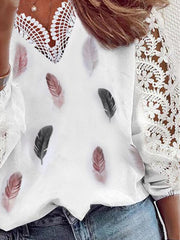 V neck lace long shorts women  feather printed blouses