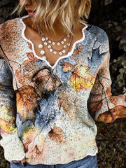 Leaves Printed Casual V Neck Long Sleeve Shirts & Tops