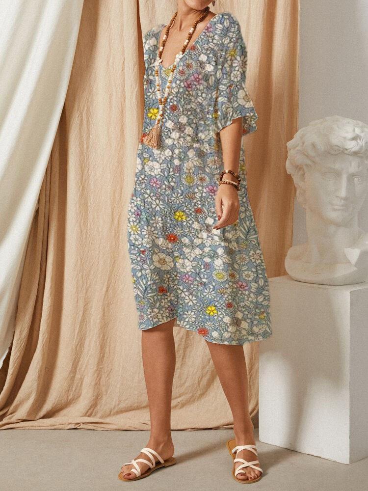 Gray Half Sleeve Floral Dresses