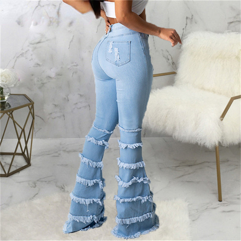 High Waist Stretch Denim Washed Destroyed Holes Ripped Tassel Skinny Flare Jeans