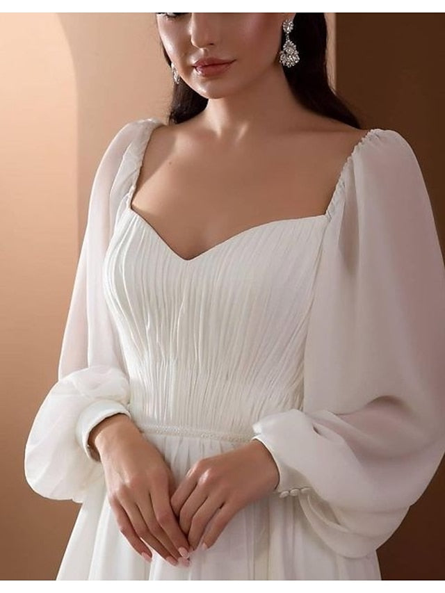 Beach Vintage Wedding Dresses A-Line Off Shoulder Long Sleeve Court Train Chiffon Bridal Gowns With Pleats Beading 2023 Summer Wedding Party, Women's Clothing