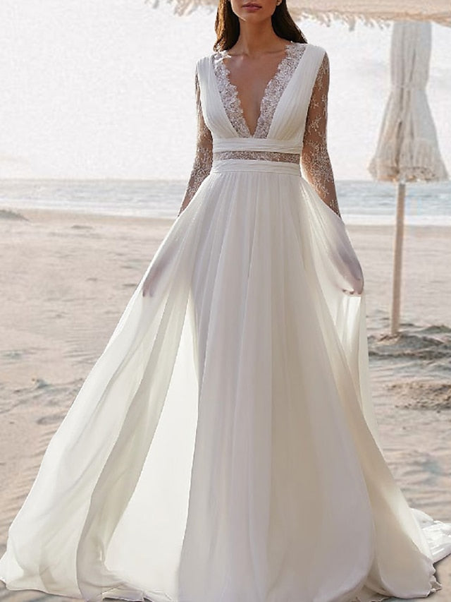 Beach Open Back Boho Wedding Dresses A-Line V Neck Sleeveless Floor Length Chiffon Bridal Gowns With Pleats 2023 Summer Wedding Party, Women's Clothing