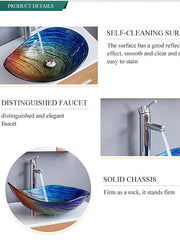 Bathroom Vessel Sink Rectangular 21"x15", Sink Mixer Faucet and Drain Combo with Pop-up Drain, Boat Shape Color Tempered Glass Artistic Vanity Sink Bowl, Above Counter Washroom Sink Art Wash Basin