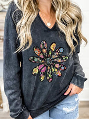 V Neck Floral Casual Sweatshirt