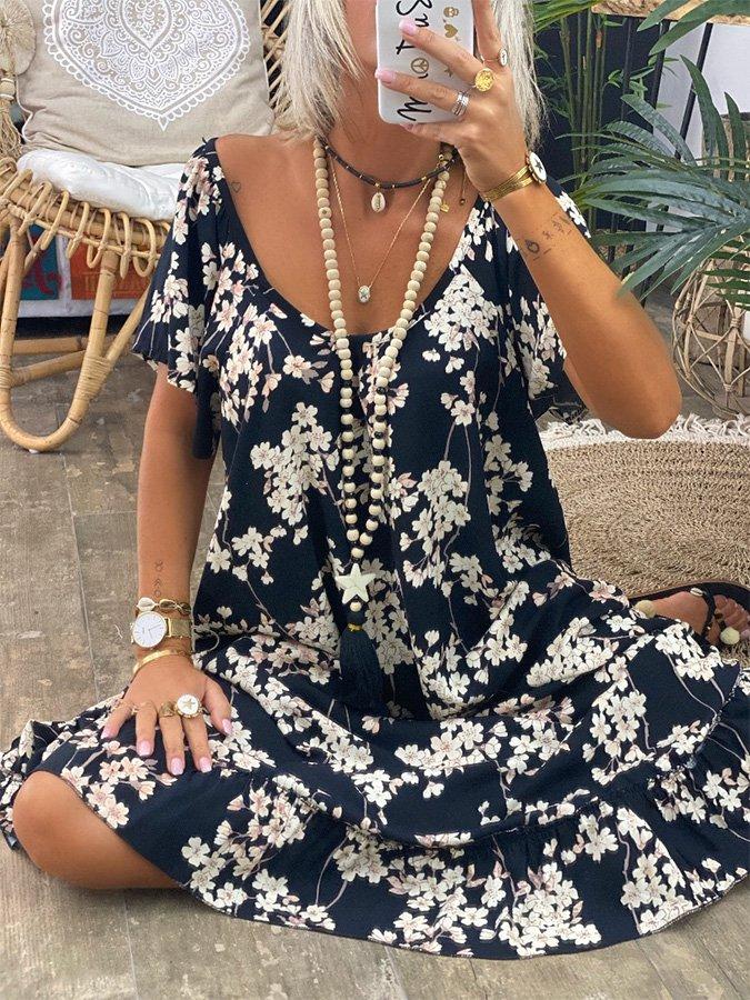 Summer Casual V Neck Dresses Floral printed Midi dress