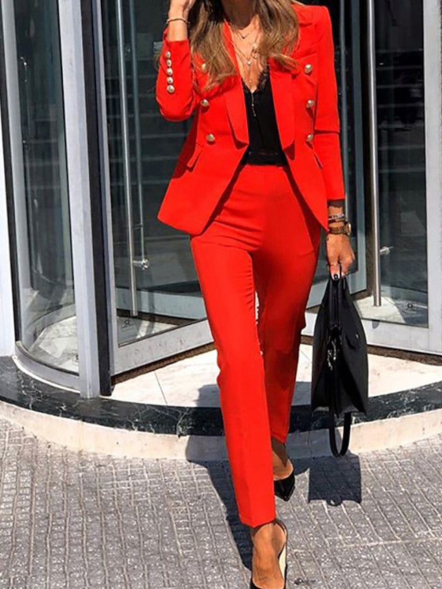 Blazer Office Suit Pants Sets Basic Streetwear Blue Yellow Office Work Business Plain Shirt Collar S M L XL XXL for Women