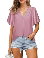 Blouse Chiffon Solid / Plain Color Basic V Neck Flare Cuff Sleeve Summer Light Blue Black White Pink Navy Blue for Women