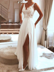 Beach Wedding Dresses A-Line V Neck Sleeveless Floor Length Chiffon Bridal Gowns With Appliques Split Front 2023 Summer Wedding Party, Women's Clothing