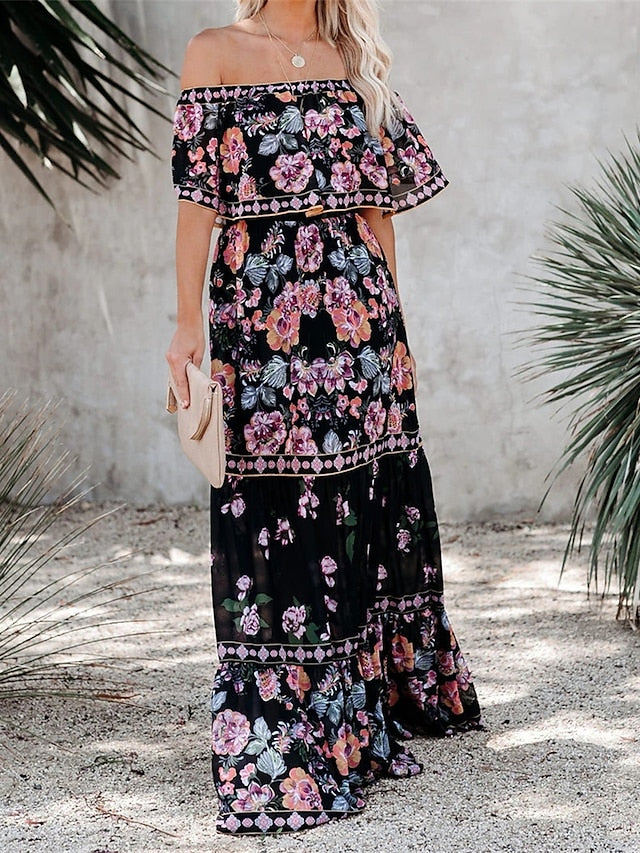 Boho Dress Beach Dress Beach Wear Long Dress Maxi Dress Ruffle Print Boho Casual Floral Off Shoulder Short Sleeve Loose Fit Outdoor Daily Black White  Spring Summer S M L XL for Women