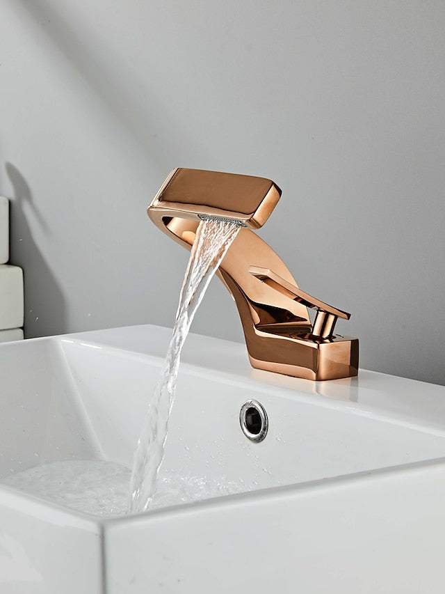 Bathroom Sink Faucet Single Handle One Hole Waterfall Mixer Basin Taps Brass, 7-shaped Bend Vessel Tap Chrome Brushed Nickel Black Gold