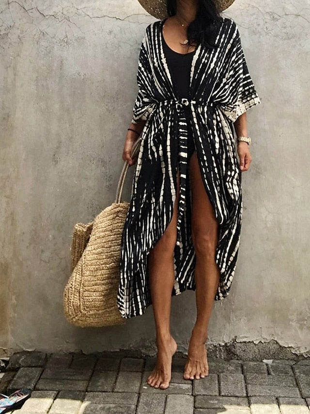 Beach Dress Beach Wear Long Dress Maxi Dress Lace up Basic Casual Tie Dye Open Front 3/4 Length Sleeve Loose Fit Outdoor Daily Black White  Summer Spring One Size for Women