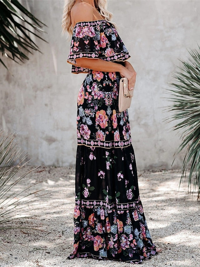 Boho Dress Beach Dress Beach Wear Long Dress Maxi Dress Ruffle Print Boho Casual Floral Off Shoulder Short Sleeve Loose Fit Outdoor Daily Black White  Spring Summer S M L XL for Women