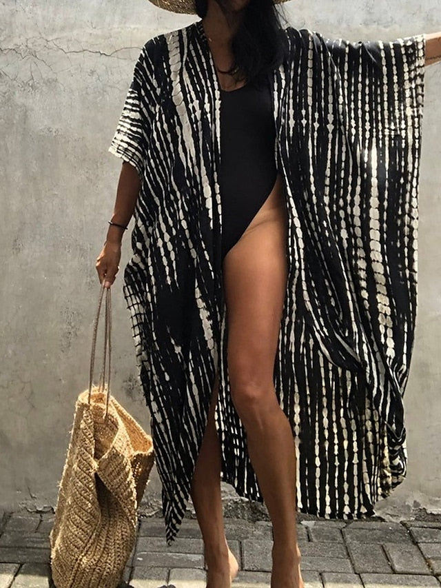 Beach Dress Beach Wear Long Dress Maxi Dress Lace up Basic Casual Tie Dye Open Front 3/4 Length Sleeve Loose Fit Outdoor Daily Black White  Summer Spring One Size for Women