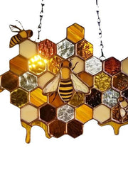 Bee Honeycomb Stained Honeybee Window Hangings Ornament Suncatcher, Beehive Stained Panel Handcrafted Modern Sunflower Stained Window Hangings Colorful Bee Pendant Art Ornaments