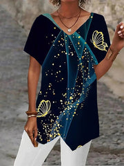 Blouse Black Yellow Blue Graphic Butterfly Asymmetrical Print Short Sleeve Daily Weekend Basic V Neck Regular Butterfly Painting S for Women