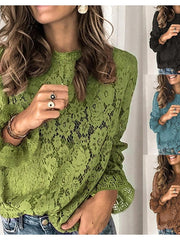 Blouse Lace Solid / Plain Color Lace Regular Spring &  Fall Green Blue Brown Rose Red Black for Women