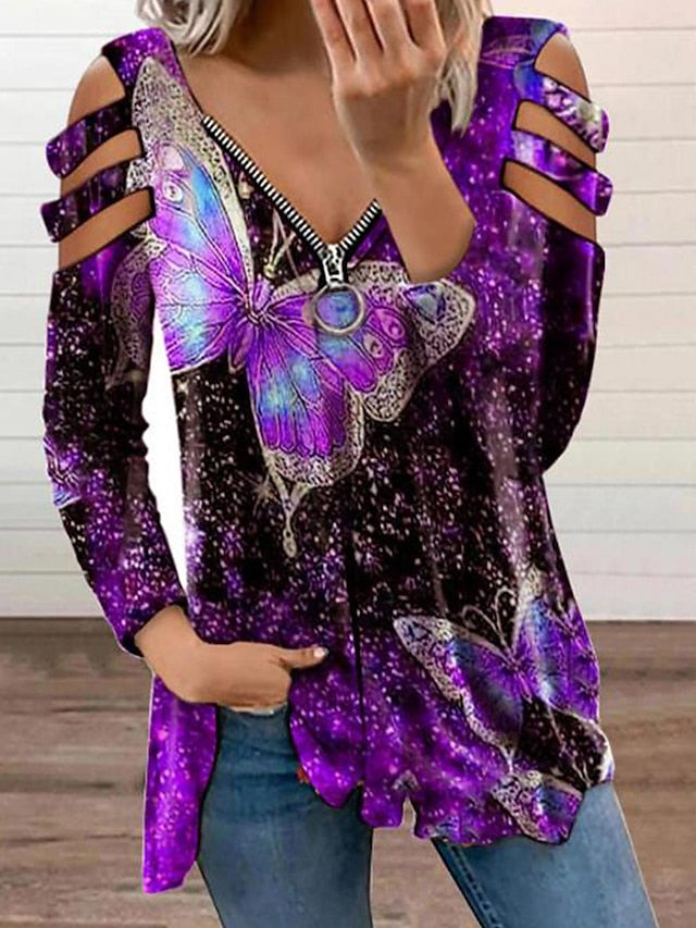 Blouse Cut Out Butterfly Regular Spring &  Fall Black And White Black Blue Purple Orange for Women