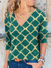 Geometric Casual Floral-Print V Neck Shirts