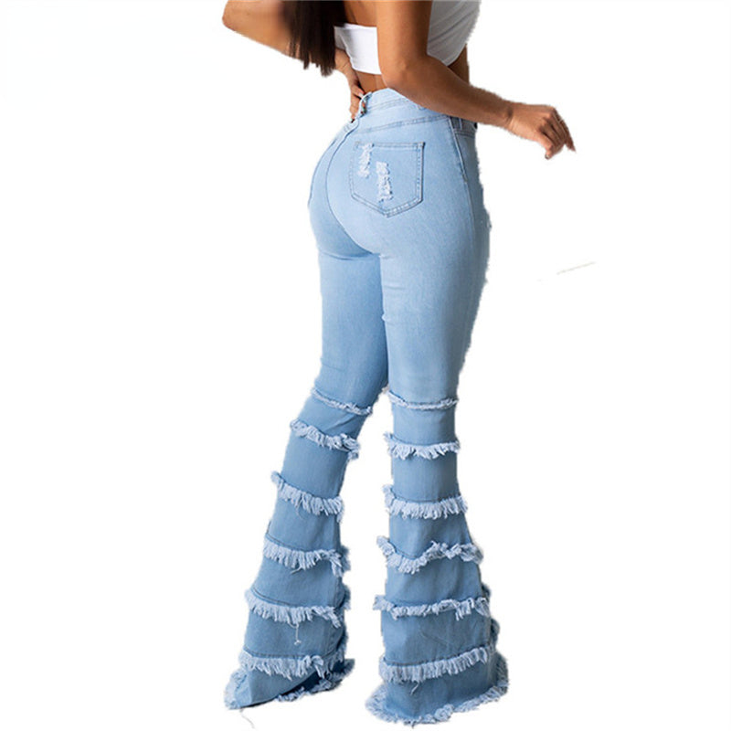 High Waist Stretch Denim Washed Destroyed Holes Ripped Tassel Skinny Flare Jeans