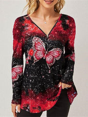 Blouse T shirt Tee Red Blue Sky Blue Butterfly Zipper Print Long Sleeve Casual Daily Ethnic Style Vintage Style Crew Neck L for Women