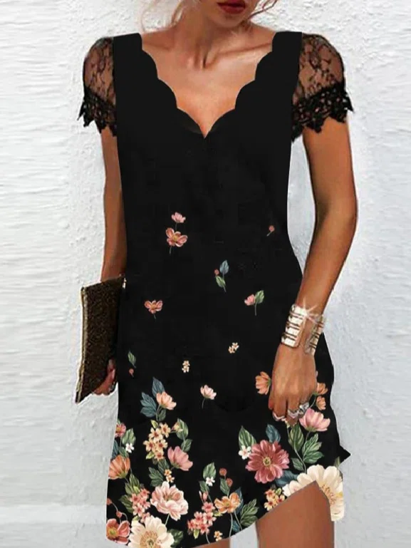 Floral midi dress Party Regular Fit V Neck Short Sleeve Knit Dress Shift Dresses