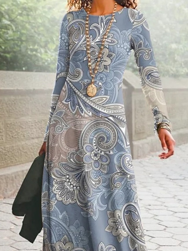 Boho Dress Long Dress Maxi Dress Blue Long Sleeve Geometric Patchwork Winter Fall Crew Neck  S M L XL 2XL for Women