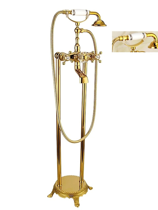 Bathtub Faucet Floor Mounted, Brass Retro Style Telephone Shape Brass Electroplated Finish Two Handles Two Holes Shower Faucet with Handshower and Drain