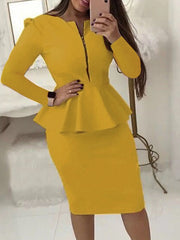 Bodycon Sheath Dress Church Dress Midi Dress Black Yellow Red Long Sleeve Pure Color Ruffle Winter Fall Autumn Crew Neck Work Winter Dress Weekend Fall Dress  S M L XL XXL for Women