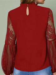Blouse Embroidery Solid / Plain Color Classic Lace Sweet Lantern Sleeve Regular Spring &  Fall Black Wine Dark Blue for Women