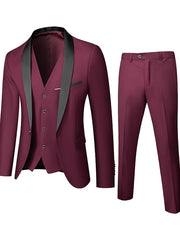 Black Red Burgundy Men's Wedding Party / Evening Tuxedos 3 Piece Solid Colored Standard Fit Single Breasted One-button