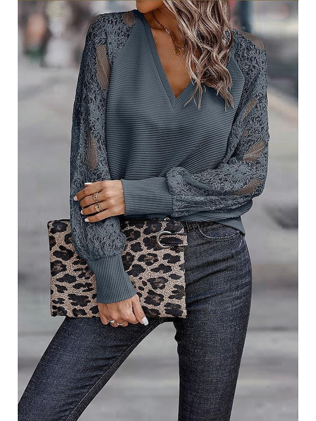 Blouse Lace Solid Color Lace Lace V Neck Standard Spring, Fall, Winter, Summer dark brown Ash Green Black for Women
