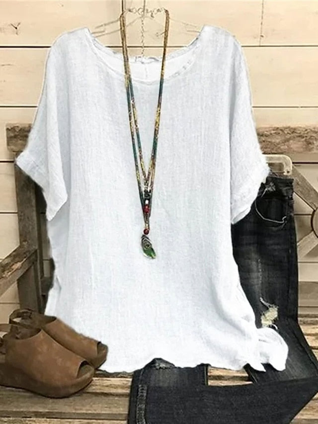 Blouse White Red Solid Color Plain Short Sleeve Casual Daily Basic Round Neck Regular S for Women